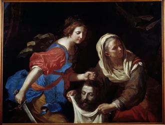 Judith e a cabeça de Holoferne. A sua serva Abra segura a bolsa enquanto Judith põe a cabeça do homem. Pintura de Giovanni Francesco Barbieri dit Guercino (O Guerchim