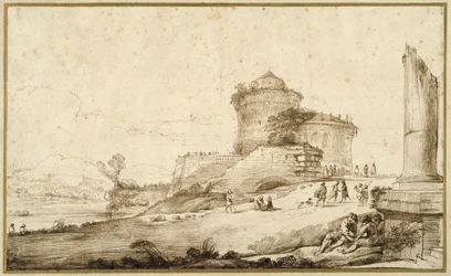 Paisagem com uma coluna partida, um castelo e numerosas figuras em primeiro plano à direita (caneta e tinta sobre papel)