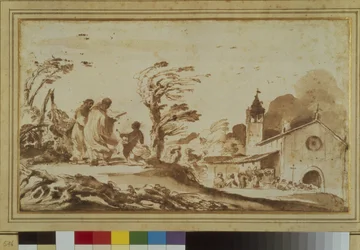 Paisagem com figuras por uma igreja (caneta e tinta e lavagem em papel)