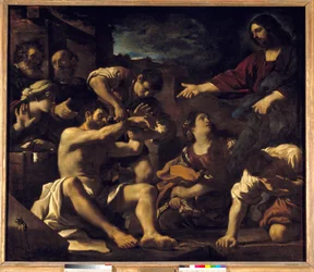 A ressurreição de Lázaro. Pintura de Giovanni Francesco Barbieri Guerchin dit Il Guercino (1591-1666). 1619 Sun. 2,01x2,33 m