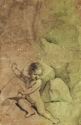 Cupido desenhando uma flecha de uma aljava, em uma paisagem,