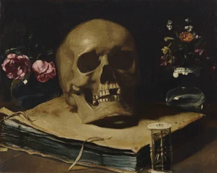 Guercino - Natureza-morta vanitas com uma caveira sobre um livro, uma ampulheta e dois vasos de flores em vidro
