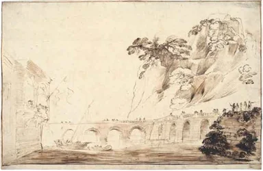 Paisagem com um rio atravessado por uma ponte, ladeado de espectadores, levando a um edifício com uma varanda suspensa com um grupo de espectadores