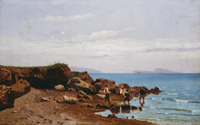 Pescadores na costa napolitana, com a ilha de Capri ao fundo, por Guglielmo Ciardi (1842-1917), óleo sobre tela, 47,5x76,5 cm