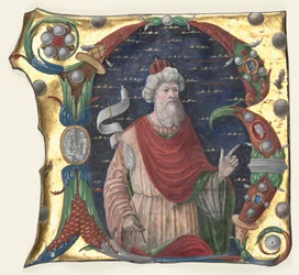 R inicial de um livro coral com o rei David, c. 1470-1480.