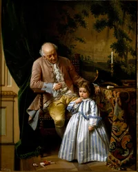 A reprimenda. Uma menina é repreendida porque ela partiu a boneca. O brinquedo caiu no chão. Pintura de Guido Gonin (1833-1906)
