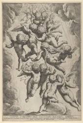 Um grupo de anjos abraçados em voo, emoldurados por nuvens, ca. 1607., c. 1607.
