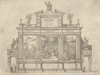 Fachada de um monumento triunfal com três cenas representando os feitos do Papa Clemente VIII, a t..., 1598.