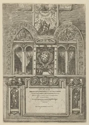 Fachada do Palazzo del Senato em Bolonha com as armas papais no centro, com temporária ..., 1598.