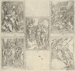 Cinco cenas numeradas, cada uma com um pintor da Accademia Degli Incamminati, de IL FUME..., 1603.