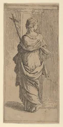 Menina carregando um crucifixo e caminhando em direção a uma pilastra, vista por trás, ca. 1590-1600.