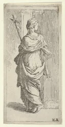 Menina carregando um crucifixo e caminhando em direção a uma pilastra, vista por trás, ca. 1590-1600.