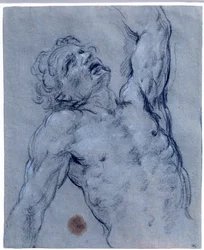 Meia figura de homem nu, vira para trás, fingindo sofrer Desenho de Pedra Negra de Guido Reni chamado O Guia (1573-1642). Sol 0,26x0,21 m Paris, musee du Louvre