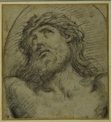 Cabeça e ombros do Cristo vivo crucificado (giz preto na carta azzurra)