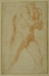 Homem nu a avançar, com os braços dobrados e olhando por cima deste ombro direito (giz vermelho sobre papel creme)