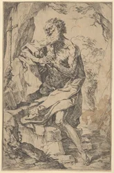 São Jerônimo ajoelhado sobre uma rocha em frente a uma cruz e um livro aberto para a esquerda,..., c. 1600-1640.