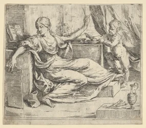 Mulher sentada segurando uma alegoria de aprendizagem de um tablet e bússola, um putto alado ..., ca. 1600-1640.