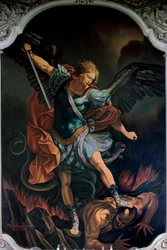 O arcanjo São Miguel vencendo o dragão. Pintura de V. M. De Girolamo (século XX) segundo Guido Reni. 1957