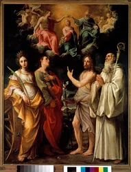 A Coroação da Virgem com quatro santos (Catarina de Alexandria, João Evangelista, João Batista e Bernardo) - A Virgem Maria é representada no céu com a Santíssima Trindade (Jesus Cristo, Deus e a pomba do Espírito Santo (Espírito Santo) (Coroação