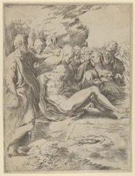 O Sepultamento, Cristo com as pernas estendidas, a Virgem à direita, 1590-1600.