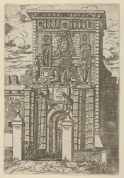 A Porta Galliera, o portão de entrada para Bolonha e ponte levadiça com decorações temporárias..., 1598.