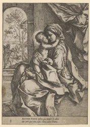 A Virgem sentada com o Menino Jesus no colo abraçando-a, José viu o..., ca. 1600-1613.