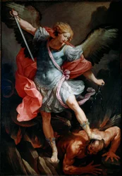 O arcanjo São Miguel esmaga a cabeça do demônio Pintura em Seda de Guido Reni chamado de Guia