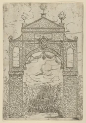 Arco triunfal coberto de folhagem com tropas montadas em baixo, decoração temporária para o séc..., 1599.