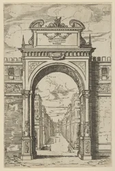 Arco triunfal encimado por uma estátua de Moisés, edifícios vistos através do arco abaixo, a t..., 1598.