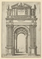 Arco triunfal encimado por mulher sentada sobre um golfinho, quatro figuras em pé abaixo, um tem..., 1598.