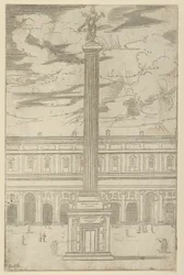Coluna triunfal com figura feminina da Fama segurando trombeta no topo, decoração temporária..., 1598.