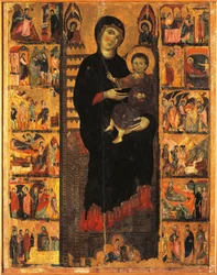Majestade, por Guido da Siena (ca 1230-ca 1290), detalhe, Salão dos Pilares, Palazzo Pubblico (prefeitura), Siena, Itália