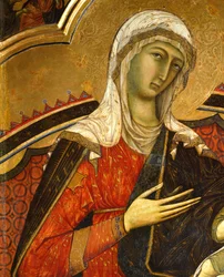 O rosto de Maria, detalhe de Majestade por Guido da Siena (ca 1230-ca 1290), detalhe, Salão dos Pilares, Palazzo Pubblico (Câmara Municipal), Siena