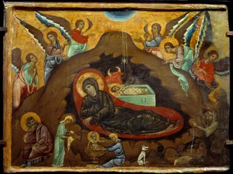 A natividade. Pintura de Guido Da Siena (século XIII). Tempera sobre madeira. Dimensões: 3,64 x 4,75 cm.