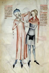 Cirurgia: médico examinando as articulações do seu paciente esticando um braço (Osteopate). Miniatura em "Liber notabilium Philippi septimi francorum regis, a libris Galieni extractus" escrito por Gui (Guy) de Pavia