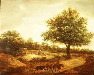 Uma paisagem arborizada com viajantes em um caminho, uma casa de campo além