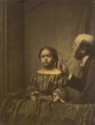 O músculo da atenção (esquerda); Contração das sobrancelhas devido à luz intensa (direita),1854-1856, impresso em 1862 (foto)