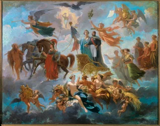 A Apoteose de Napoleão III (1808-1873) Representação alegórica do triunfo da coroa do imperador, numa carruagem, entre os personagens mitológicos Atena, Hércules, Hermes. Pintura de Alphonse Cabasson (1814-1884) 1854 Sol. 0,65 X 0,81 m Compiegne