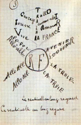 Calligram de Guillaume Apollinaire - em "Du coton dans les oreilles", manuscrito de autógrafo de 17 folhas