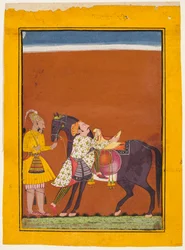 Um guerreiro montando um cavalo preso: Saindhava Ragaputra de Shri, de um Chamba Ragamala