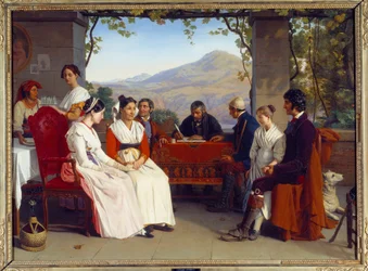 Sociedade Italiana: "O contrato de casamento na Itália em 1831" Pintura de Guillaume Bodinier (1795-1872) 1831 Sol. 10x1,38 m