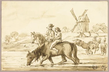 Cavalos de água perto do moinho de vento