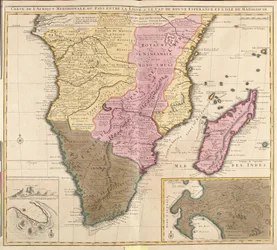 Mapa da África Meridional (Angola, Namíbia, Zâmbia, Zimbabwe, Moçambique, África do Sul) com a ilha de Madagáscar (gravura