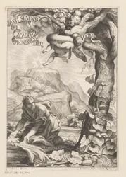 Representação alegórica de uma aclamada mulher regando uma cabaça; no fundo as figuras sobem uma montanha Página de rosto para: Giovanni Baptista Ferrari, Fasti Senenses, Ab Academia Intronatorum Editi, 1661