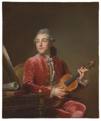 Retrato de um cavalheiro, meio comprimento, sentado em uma jaqueta de veludo vermelho com um violino (óleo sobre tela)