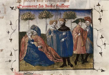 Uma cena galante de cortesãos, miniatura em "Roman de la Rose" de Guillaume Lorris