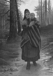 Mãe e filho em um caminho arborizado (óleo sobre tela colocado a bordo)