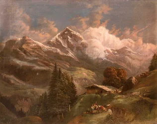 Pastagens alpinas altas e vivas com vista para os picos alpinos - Großglockner?