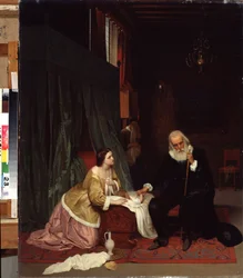 ""A visita do médico"" Um médico toma o pulso de uma criança doente sob o olhar atento de sua mãe. Pintura de Gustav Budkovsky (1813-1884) 1859 State Art Museum, Nizhny Tagil, Rússia