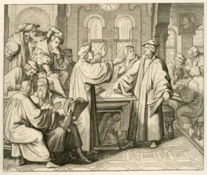Lutero e Ulrich Zwingli (1494-1531) discutem sobre o sacramento e não chegam a acordo, em Marburgo, 1529